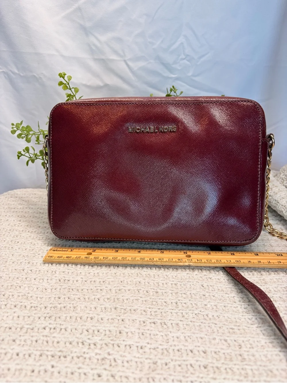 Michael Kors Wine Leather Crossbody with Gold-Tone Chain Strap